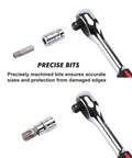 Close-up of 34 Piece Torx Bit Socket Set With E-Torx Sockets Three Eighths Inch Drive showing ratchet handle and bits