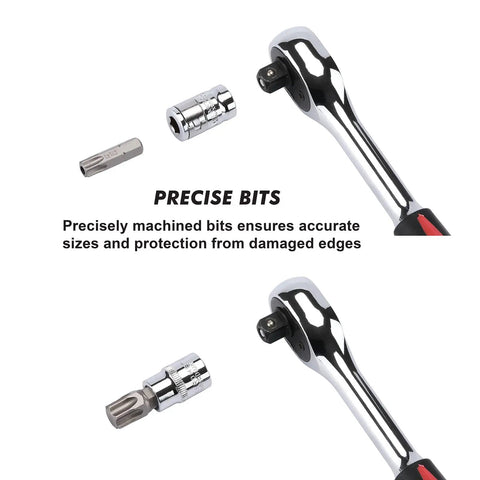 Close-up of 34 Piece Torx Bit Socket Set With E-Torx Sockets Three Eighths Inch Drive showing ratchet handle and bits