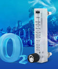 Flowmeter 2-20 LPM Acrylic Air Gas Flowmeter With Control Valve, transparent design, 0.6 MPa rating, in industrial setting with O2 symbol.