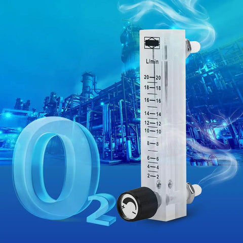 Flowmeter 2-20 LPM Acrylic Air Gas Flowmeter With Control Valve, transparent design, 0.6 MPa rating, in industrial setting with O2 symbol.