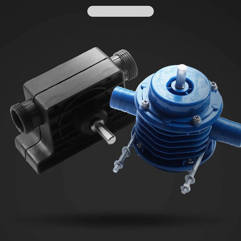 Mini Self Priming Hand Drill Water Transfer Pump Constructed From Tough As Nails Engineering Plastic showing black and blue components.