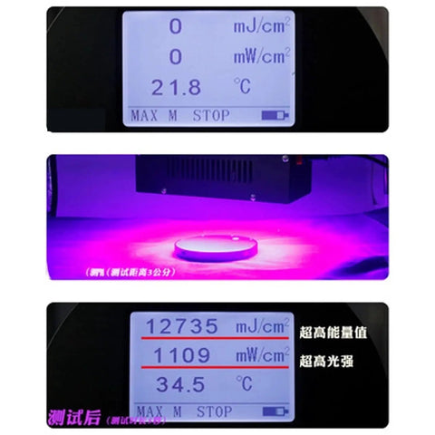 Top Notch Led Uv Curing Light At 8000W Powers Through Resin Hardening And Pcb Repair Without Cooking Prints Featuring Zero Heat Design For Sla Dlp 3d Printers And Real Deal Diy Builders Who Want Slick Results displaying UV output readings and cured resin sample.