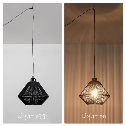 2 Pack Woven Plug In Pendant Lights Black Rustic Farmhouse Style With Cord And On Off Switch light off and on view