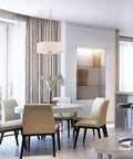 Harlowe Pendant Light In Satin Platinum Finish With Traditional Style in a modern dining room setting.