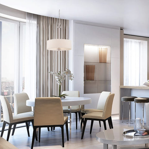Harlowe Pendant Light In Satin Platinum Finish With Traditional Style in a modern dining room setting.