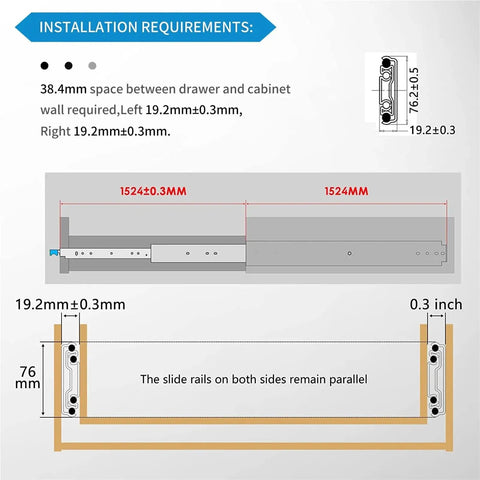 Installation diagram for Built Tough Heavy Duty Drawer Slides 500 Lbs Capacity Ball Bearing Full Extension Three Fold Guide Rail.