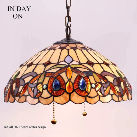 Tiffany Style Pendant Light Fixture Serenity Victorian Stained Glass Hanging Lamp, 16 Inch Wide, Antique Bronze Finish
