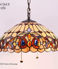 Tiffany Style Pendant Light Fixture Serenity Victorian Stained Glass Hanging Lamp, 16 Inch Wide, lit, copper and amber hues.