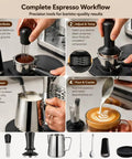 Complete Espresso Workflow showcasing Badass Six Piece Espresso Tamper Kit With Adjustable Calibrated Head Precision Distributor And Wdt Tool.