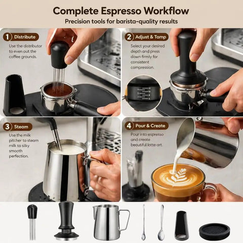 Complete Espresso Workflow showcasing Badass Six Piece Espresso Tamper Kit With Adjustable Calibrated Head Precision Distributor And Wdt Tool.