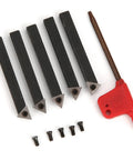 Five 1/4in indexable turning tools with carbide inserts; black rectangular bars and a red-handled holder with screws