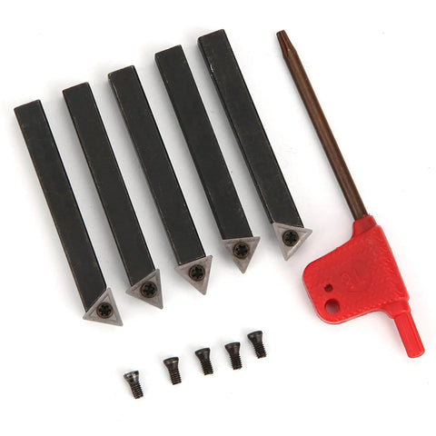 Five 1/4in indexable turning tools with carbide inserts; black rectangular bars and a red-handled holder with screws