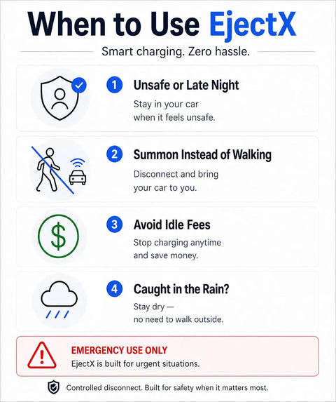When to use EjectX chart showing safety tips for urgent charging situations, including staying inside vehicle.