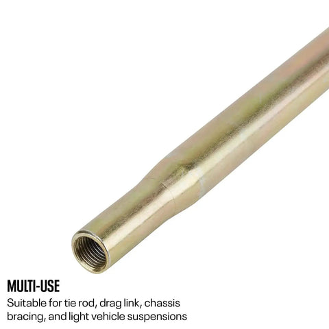 Steel Tube With Swaged Ends 12 Inch Length Three Quarters Inch Outer Diameter Wall Thickness 0.065 Inch Half Inch 20 Threads Right Hand On One End Left Hand On The Other Zinc Plated For Corrosion Resistance Adjustable Length close-up of threaded end