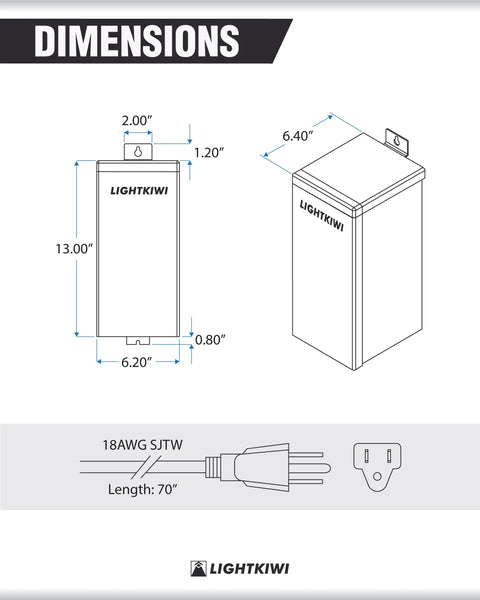 Dimensions diagram of Rock Solid 300W Landscape Transformer with Multi Tap 12 13 14 15 Volt Output Weatherproof Outdoor Power Supply.