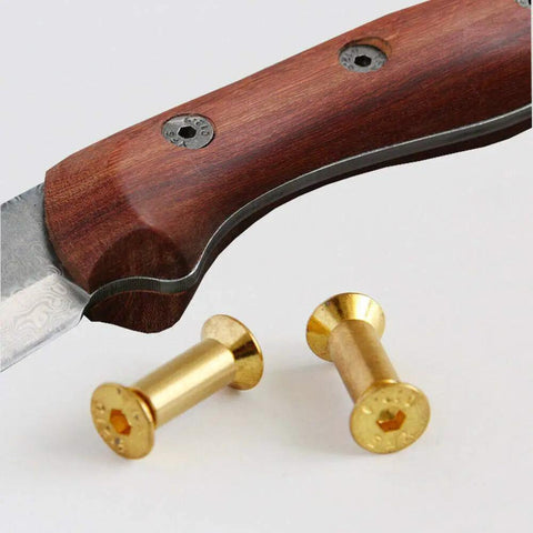 Knife with Ten Piece Brass Knife Handle Rivets Set For Five Millimeter Holes With Flat Hex Head Screws Locking Design shown