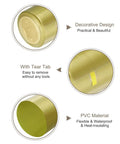 Top Shelf 50 Pack PVC Heat Shrink Wine Bottle Caps With A Rock Solid Gold Seal, showing flexible gold PVC design and tear tab for easy removal.
