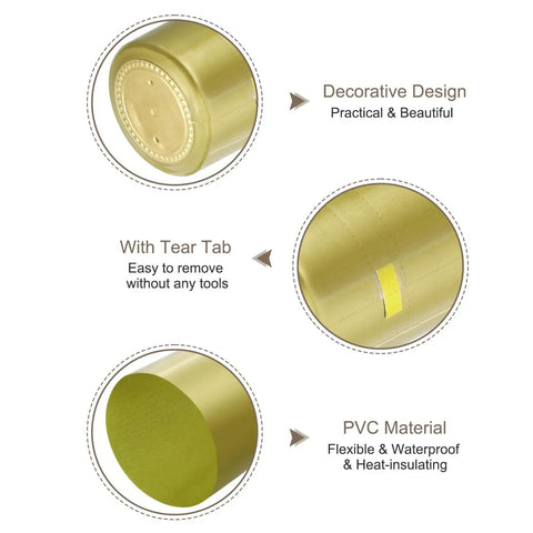 Top Shelf 50 Pack PVC Heat Shrink Wine Bottle Caps With A Rock Solid Gold Seal, showing flexible gold PVC design and tear tab for easy removal.