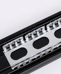 Close-up of 12-inch soft-close drawer slides, showing stainless steel ball bearing rails and mounting holes, smooth glide design.