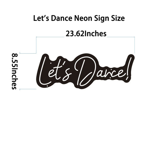 Let’s Dance neon sign dimensions 23.62 x 8.55 inches in black font on a white background.