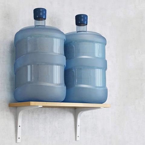 Gotta Have These Solid Flex L Shaped Shelf Brackets With Screws For Wall Mount Floating Shelves Heavy Duty Iron Corner Support displaying two water bottles on a wooden shelf.