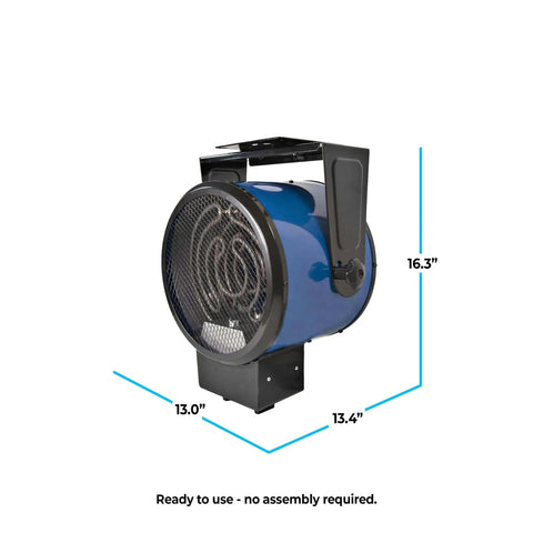 Industrial Ceiling Mounted Garage Heater 5300W 240V with steel body, front view, showing fan and dimensions, ready for use.
