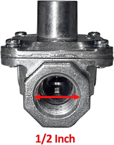 NG LPG convertible gas regulator with 1/2 inch inlet adapter, perfect for grills and stoves, displaying detailed front view.