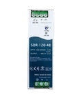 Industrial Grade DIN Rail Power Supply 120W 48V 2 5A Heavy Duty Switching Adapter front view with input and output specifications