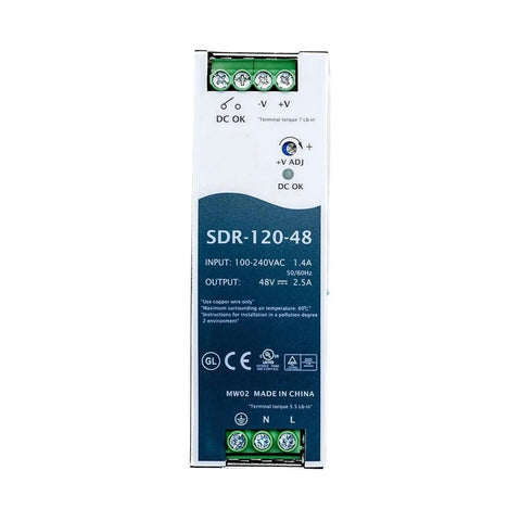 Industrial Grade DIN Rail Power Supply 120W 48V 2 5A Heavy Duty Switching Adapter front view with input and output specifications