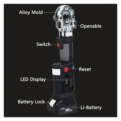 Mini Rechargeable Hydraulic Crimping Tool For Copper And Aluminum Wires Handles 16 To 300mm2 Terminals showing alloy mold and LED display.