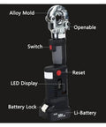 Close-up of Eulukht Mini Rechargeable Electric Hydraulic Crimping Machine For Copper and Aluminum Terminals Wire Pliers showing alloy mold, switch, and battery.