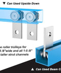 Two Wheel Trolley Assembly Rollers For One And Five Eighth Inch Wide Strut Channel In Garage Pulley System Hoist Details Durable Steel Construction And Smooth Operation For Industrial Or Home Garage Use Silver Finish Two Pack, displaying installation in blue strut channel.