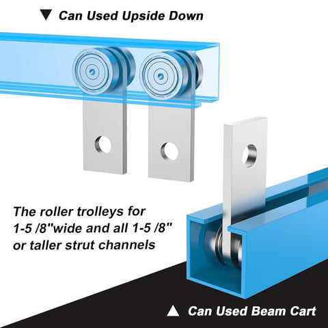 Two Wheel Trolley Assembly Rollers For One And Five Eighth Inch Wide Strut Channel In Garage Pulley System Hoist Details Durable Steel Construction And Smooth Operation For Industrial Or Home Garage Use Silver Finish Two Pack, displaying installation in blue strut channel.