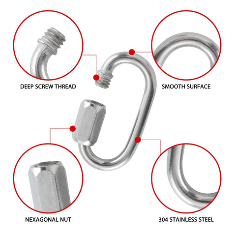 Close-up of 304 Stainless Steel D Shaped Locking Quick Link Carabiner with labels showing screw thread, surface, nut, and steel material.