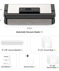 High Power Vacuum Sealer For Food With 95KPa Suction And 130W Motor, dimensions shown with included bags and accessories