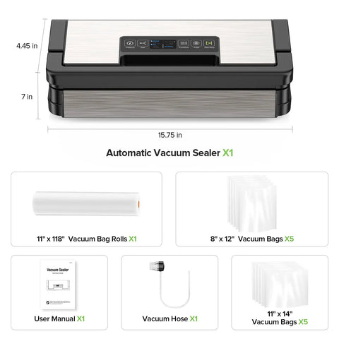 High Power Vacuum Sealer For Food With 95KPa Suction And 130W Motor, dimensions shown with included bags and accessories