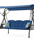 800LBS Capacity Patio Swing With Canopy, 3 Seat Outdoor Porch Swing On Stand, blue cushions, cup holder, rust-resistant metal frame