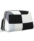 Hella Chic Black And White Piano Key Print Travel Makeup Bag, Durable PVC Cosmetic Pouch For Women angled view showing zippered closure.