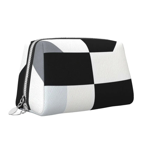 Hella Chic Black And White Piano Key Print Travel Makeup Bag, Durable PVC Cosmetic Pouch For Women angled view showing zippered closure.