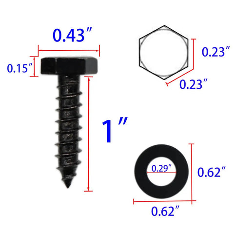 Premium Stainless Steel Black Lag Bolts Set 25 Pieces One Quarter Inch By 1 Inch Hex Lag Screws With Washers Included Built To Last For Decks Fences And Wood Projects showing screw and washer dimensions.