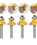 One Quarter Inch Shank Roundover Router Bit Set For DIYers Edge Beading And Corner Rounding Includes Radii Five Sixteenth Inch Three Sixteenth Inch One Quarter Inch And One Eighth Inch Radius Alloy Steel With Anti Kickback And Teflon Coating showing four bits and cutting profiles