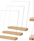 Set of 8.5 X 11 acrylic sign holders with wood base, 3 pack, L and T shape displays, vertical or slant back options visible.