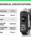 Duo Pack 20 Amp Single Pole 120V Circuit Breakers For Homeline Load Centers And Panel Boxes 10kAIC UL Listed Plug On Replacement Kit OEM Quality Durable Thermal Magnetic Protection. Technical specifications chart and 20 amp plug-in breaker