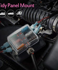 6 Way DC 12 To 32V Blade Fuse Box Holder With LED Warning Light And Protective Cover installed in vehicle engine