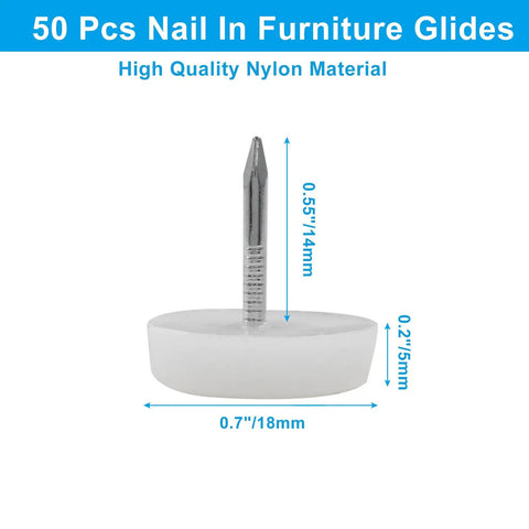 Premium 50 Pack Nail On Furniture Glides 18mm White Chair Foot Pads with metal pin and nylon base for silent floor protection.