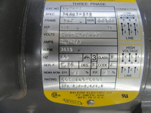 Label on VN3537 Industrial Motor with specs including 2.1 amps, Class B insulation, design B for heavy-duty equipment.