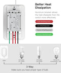 3 Way Smart Dimmer Switch With Neutral Wire, No Hub Needed, 2.4G WiFi, showing wiring details and heat dissipation features.