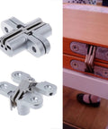 Hidden Cross Hinge For Concealed Doors And Folding Glass Doors 180 Degree Adjustable Mortice Hinge Invisible Door Hinge For Cabinets And Furniture Heavy Duty Silver Hardware For Home Office Shop AMITVA, shown installed on wood panel.