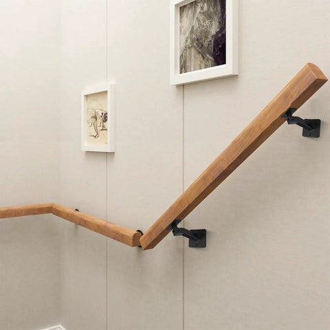 Wooden handrail mounted on wall with Swivel Handrail Brackets Set, Rugged Heavy Duty Steel Hand Rail Wall Mounts For Staircase Railing