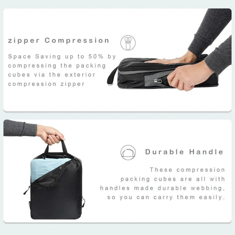 Ultralight Six Piece Compression Packing Cubes Set For Travel Organizer Luggage And Backpack Durable 70D Black Fabric with Zipper